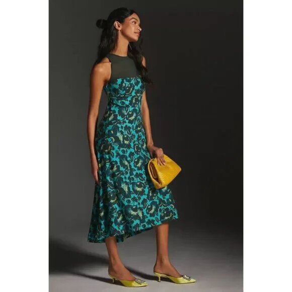 Anthropologie Maeve NWT turquoise floral sleeveless mesh halter midi dress S - Picture 2 of 13